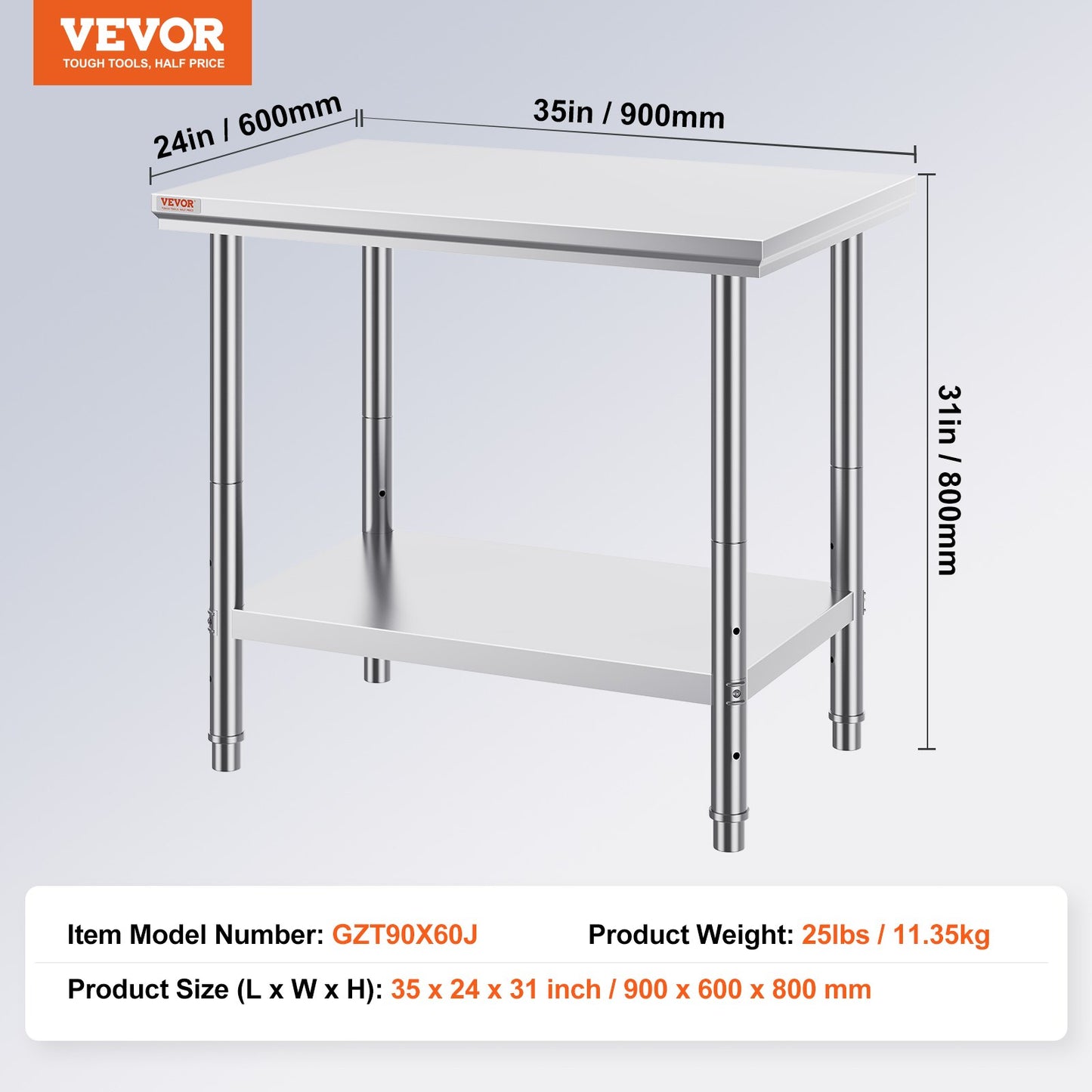 Arbetsbord 24 x 36 x 32 tum NSF-arbetsbord i rostfritt stål för kommersiellt kök Prep-arbetsbänk 60X90X80 cm med nedre hyllan Arbetsbord Silverfärgat för kommersiellt kök Restaurang