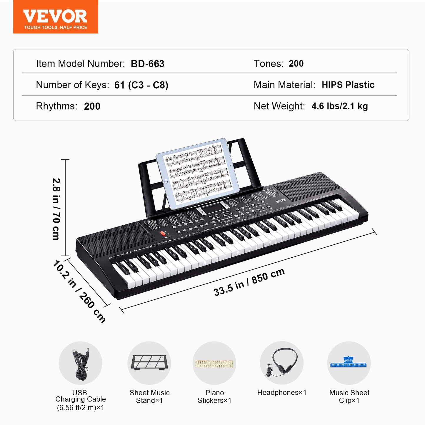 61 tangenter digitalt klaviatur Piano elektriskt bärbart 200 toner 200 rytmer