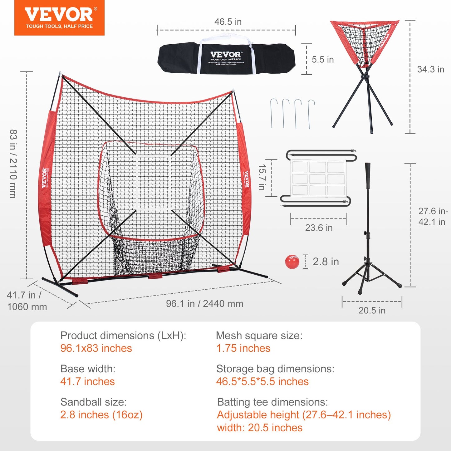 7x7 ft baseball softball träningsnät, bärbart baseball träningsnät för att slå Catching pitching, backstop baseball utrustning med båge ram, bärväska, strike Zone, boll, tee, bollsamlare