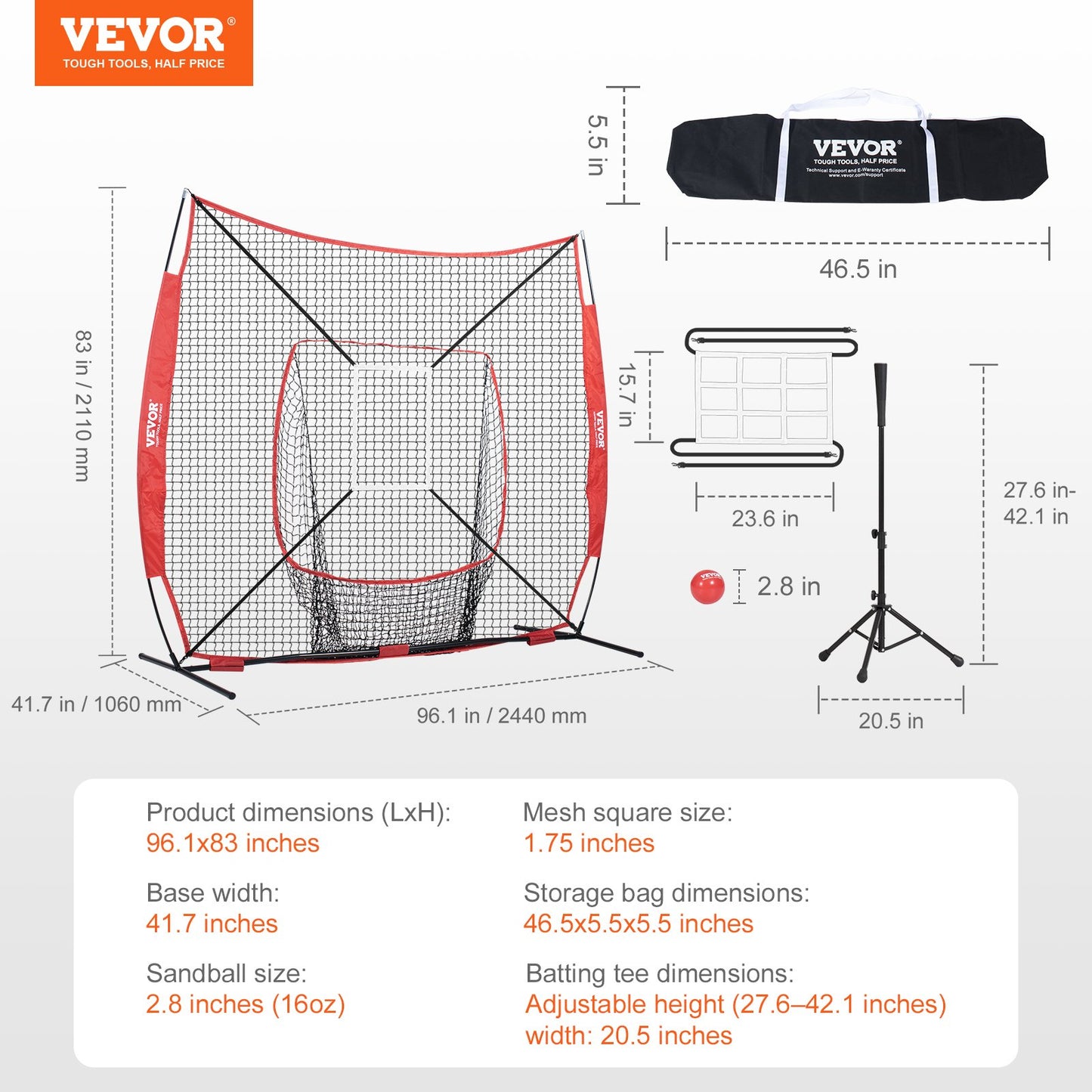 7x7 ft baseball softball träningsnät, bärbart baseball träningsnät för att slå Batting Catching Pitching, Backstop baseball utrustning med båge ram, bärväska, Strike Zone, Ball, Batting Tee