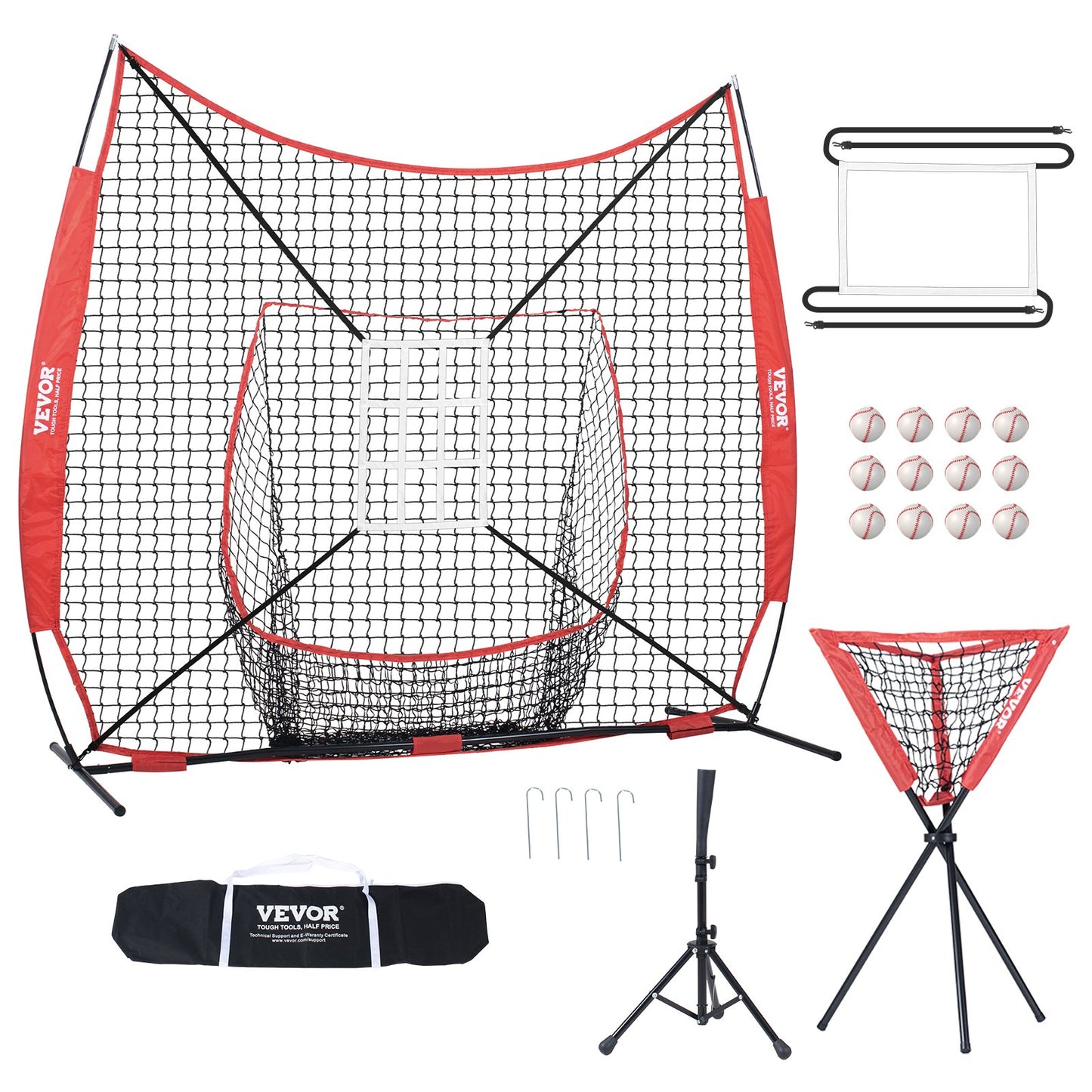 7x7 ft baseball softball träningsnät, portabelt baseball träningsnät för att slå Catching pitching, backspärrutrustning med pilbåge, bärväska, slagzon, 12 bollar, tee och bollsamlare