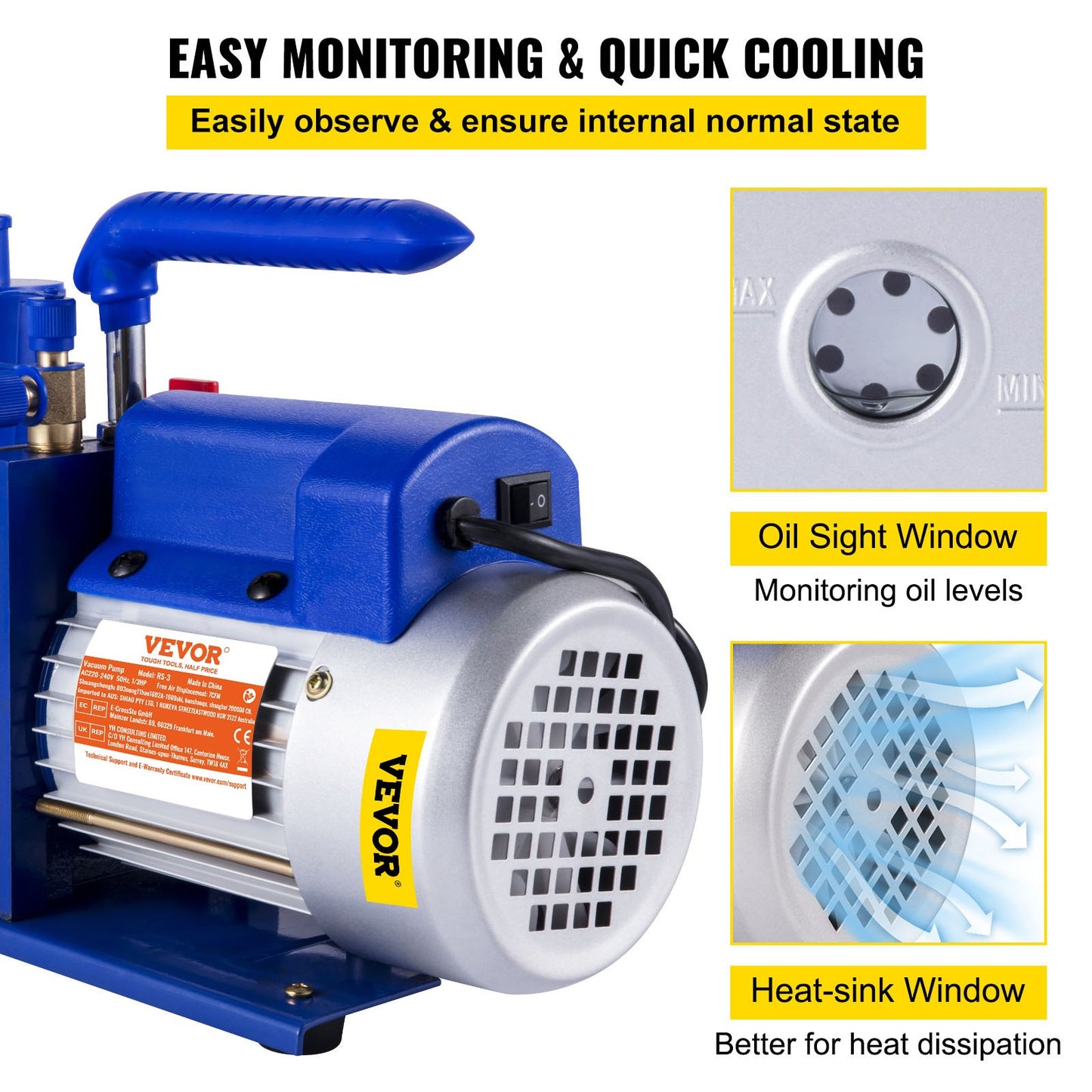 Vacuum Pump 7 CFM 1/2 HP Single Stage Air Conditioning Vacuum Pump for R12 R22 R134a R410a Systems 110V 5PA Ultimate Vacuum Refrigerant HVAC Tool for Automobile Reparation Vacuum Evacuation