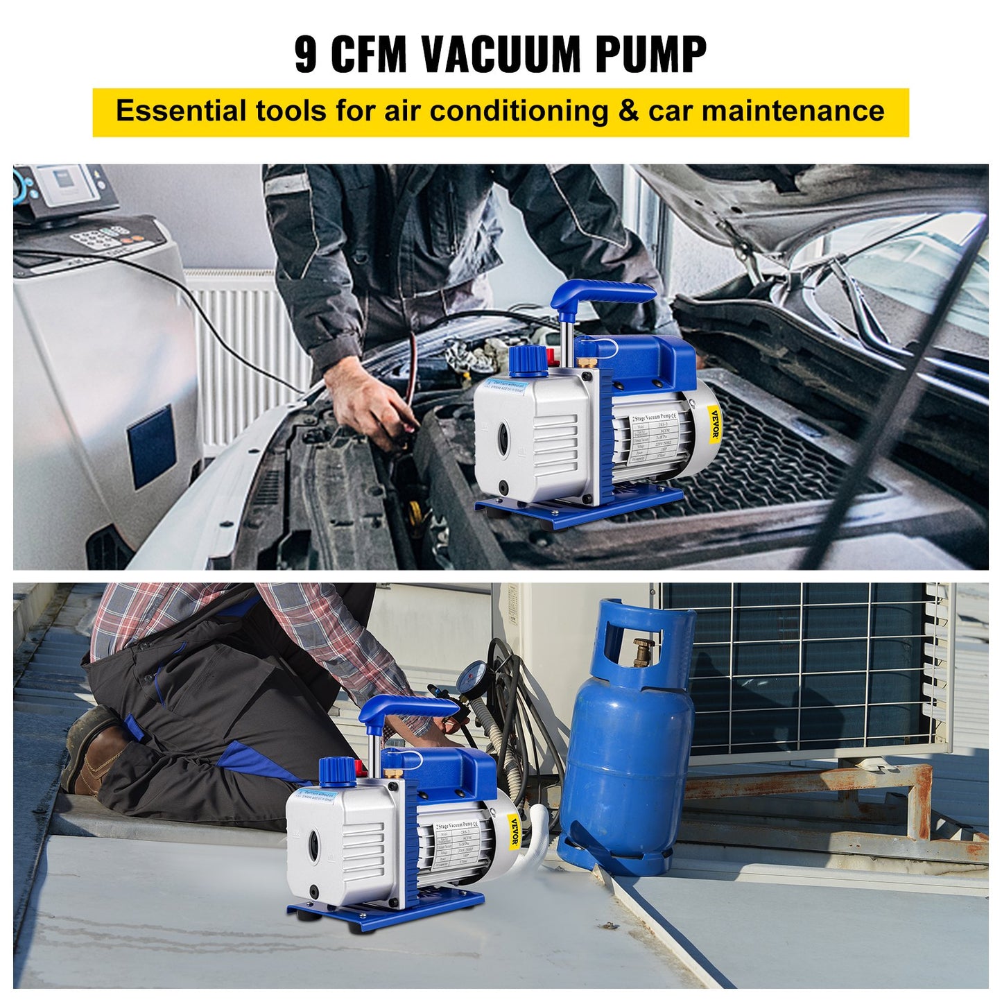 Vacuum Pump 9 CFM 1 HP Double Stage Air Conditioning Vacuum Pump 220V 5PA Ultimate Vacuum Refrigerant HVAC Air Tools Rotary Vane Vacuum Pump for Car Repair Vacuum Evacuation