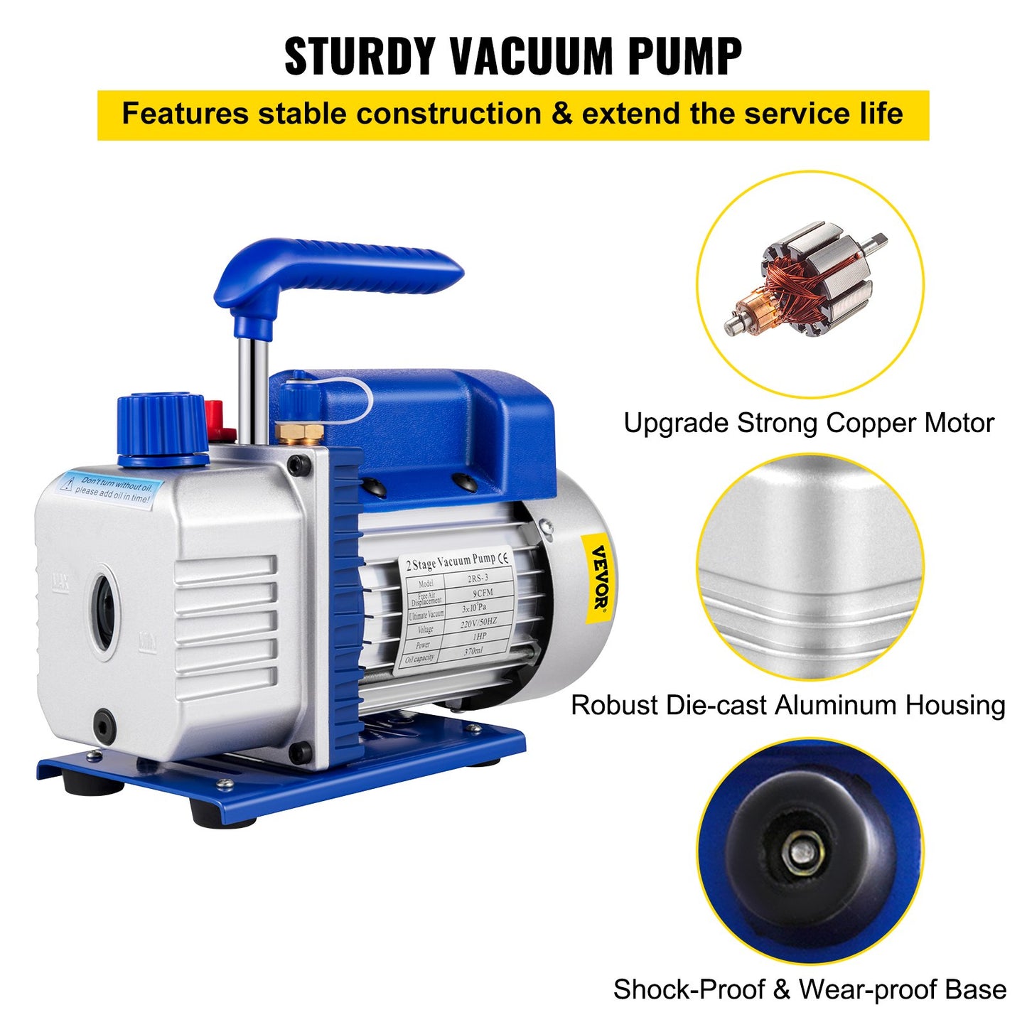 Vacuum Pump 9 CFM 1 HP Double Stage Air Conditioning Vacuum Pump 220V 5PA Ultimate Vacuum Refrigerant HVAC Air Tools Rotary Vane Vacuum Pump for Car Repair Vacuum Evacuation