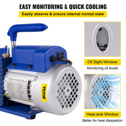 Vacuum Pump 9 CFM 1 HP Double Stage Air Conditioning Vacuum Pump 220V 5PA Ultimate Vacuum Refrigerant HVAC Air Tools Rotary Vane Vacuum Pump for Car Repair Vacuum Evacuation