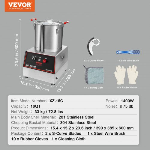 Matberedare Grönsakshackare 1400W 16 Quarts mixer i rostfritt stål |  EU