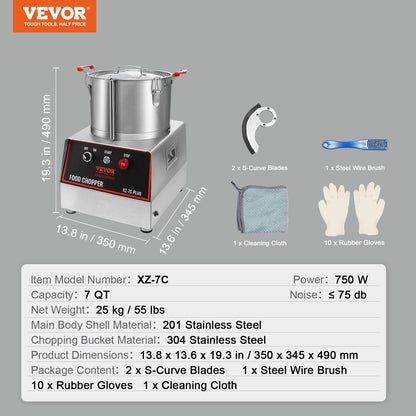 Küchenmaschine und Gemüseschneider, 750 W, 7 Quarts, Edelstahlmixer