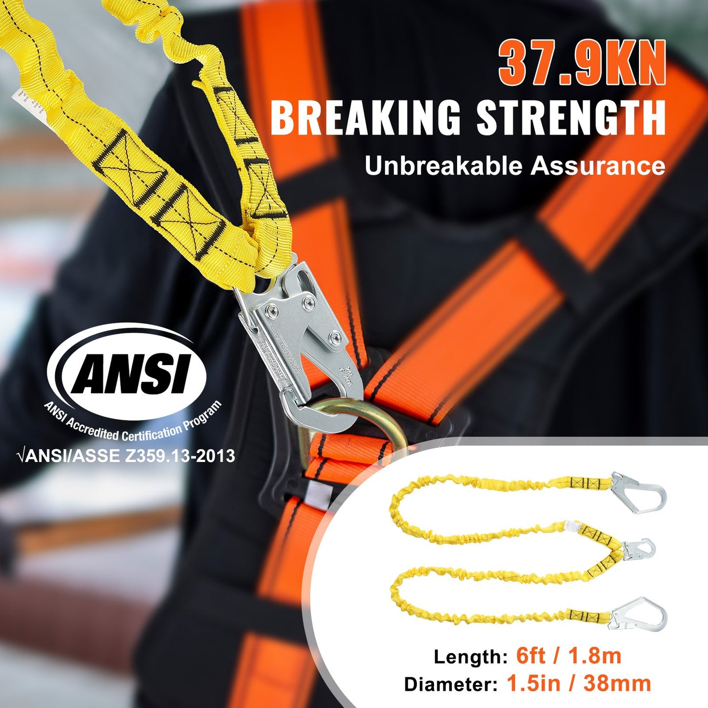 38 mm safety rope 6 feet (1.83 m) fall arrest lanyard 2 hooks yellow