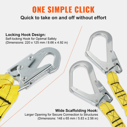 38 mm safety rope 6 feet (1.83 m) fall arrest lanyard 2 hooks yellow