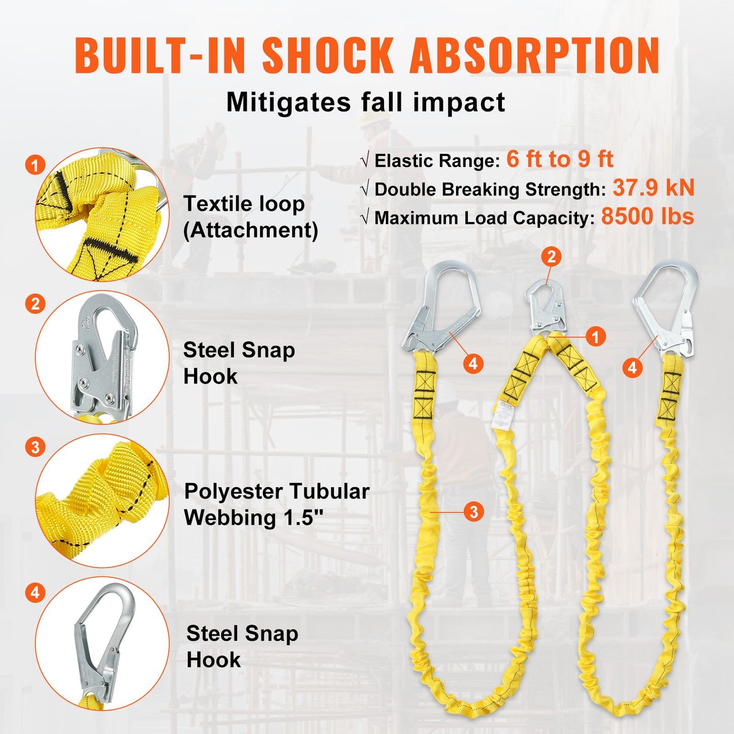 38 mm safety rope 6 feet (1.83 m) fall arrest lanyard 2 hooks yellow