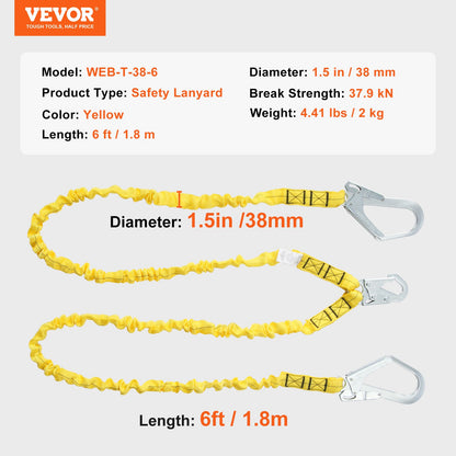 38 mm safety rope 6 feet (1.83 m) fall arrest lanyard 2 hooks yellow