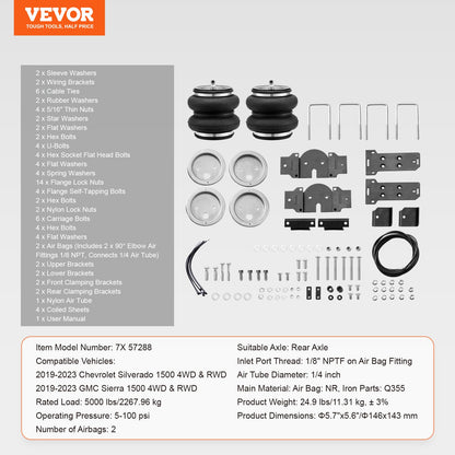 Air Bag Suspension Kit Passar 2019-2023 Chevrolet Silverado GMC Sierra 1500