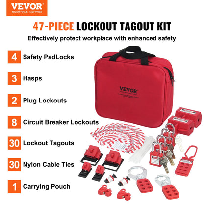 Electrical Lockout Tagout Kit, 47 PCS Safety Loto Kit inkluderar hänglås, haspar, taggar, nylonband, stickproppslåsningar, kretsbrytarlåsningar och bärväska, för industriell, elektrisk kraft