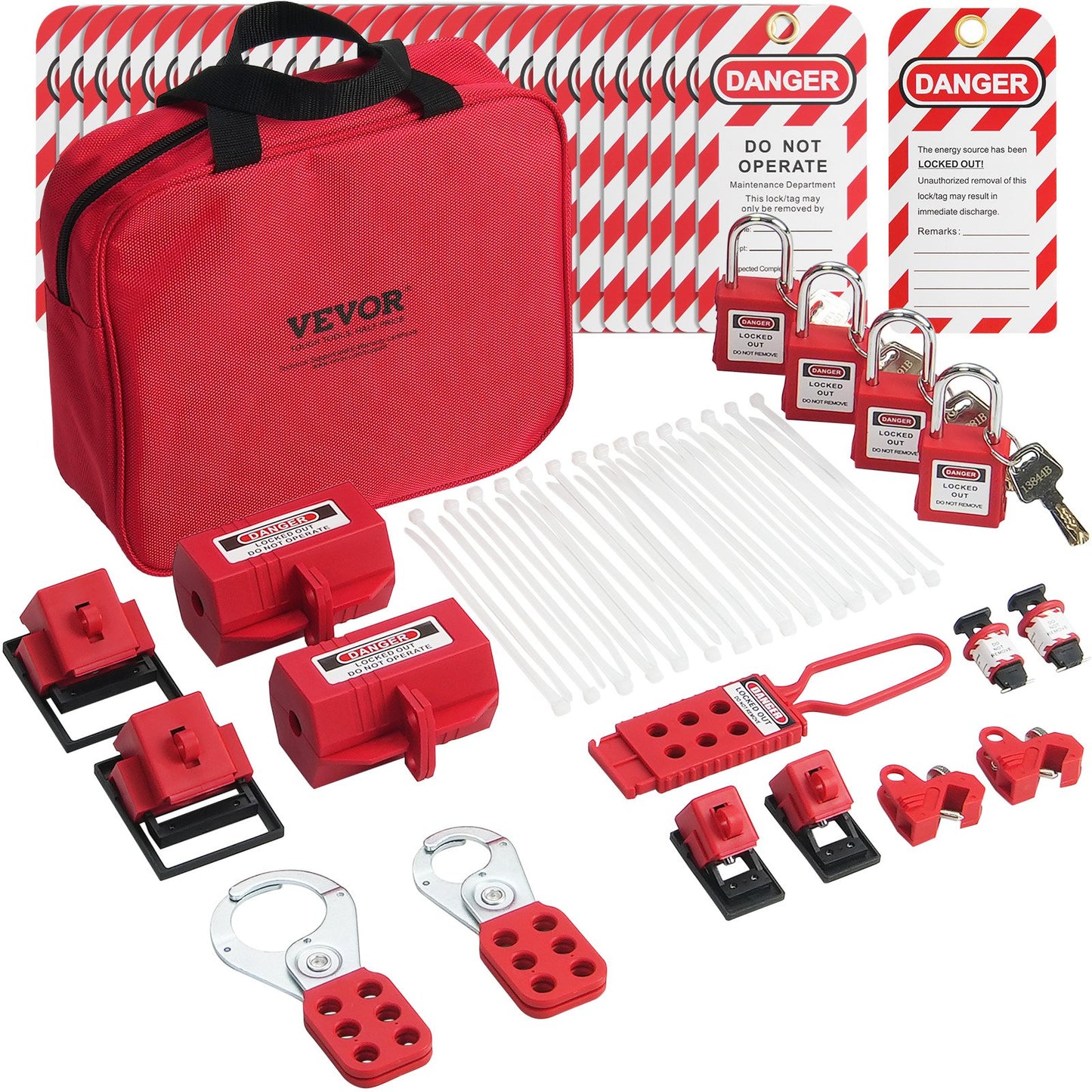 Electrical Lockout Tagout Kit, 47 PCS Safety Loto Kit inkluderar hänglås, haspar, taggar, nylonband, stickproppslåsningar, kretsbrytarlåsningar och bärväska, för industriell, elektrisk kraft