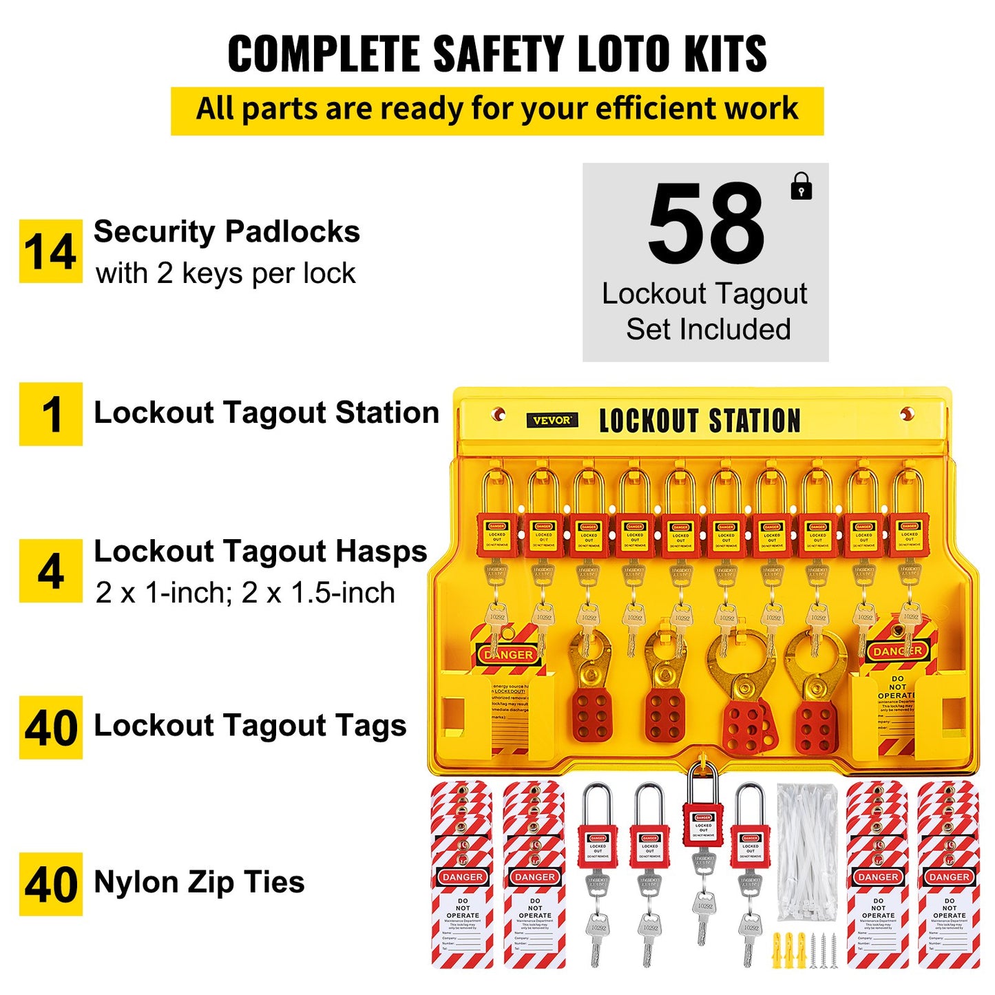 58 PCS Lockout Tagout Kit, Electrical Safety Loto Kit Includes Padlock, Lockout Station, Hasp, Tags &amp; Zip Bands, Lockout Tagout Safety Tools for Industry, Electric Power, Machinery