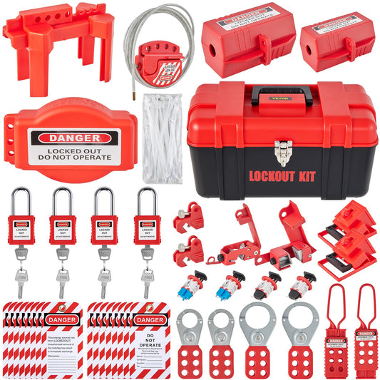 42-teiliges Lockout-Tagout-Kit, elektrisches Sicherheits-Lockout-Kit enthält Vorhängeschlösser, 5 Arten von Lockouts, Haspen, Etiketten und Riemen, Box, Lockout-Sicherheitswerkzeuge zum Entfernen elektrischer Gefahren in der Industrie, an Maschinen