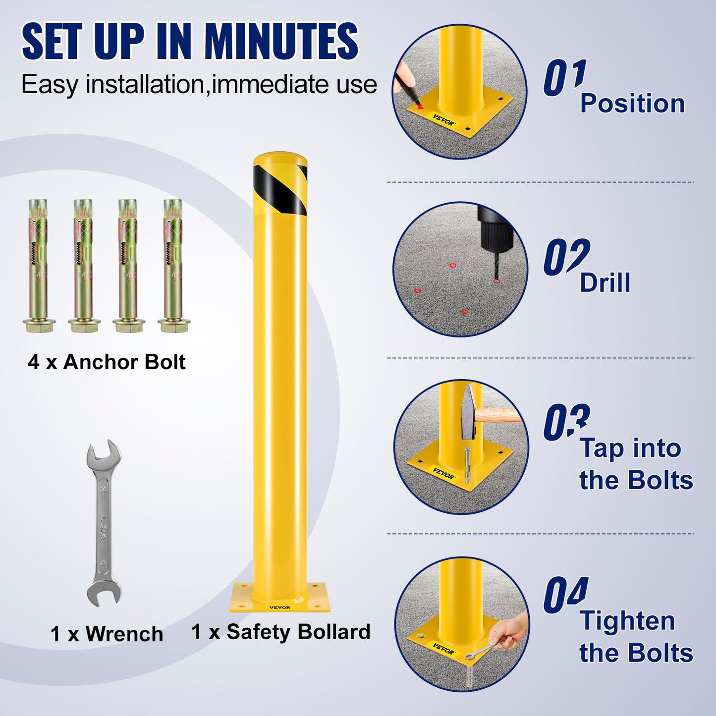 Safety Bollard Safety Barrier Bollard 4-1/2" OD 36" Height Yellow Powder Coated Tube Steel Safety Barrier with 4 Free Anchor Bolts for Traffic Sensitive Area