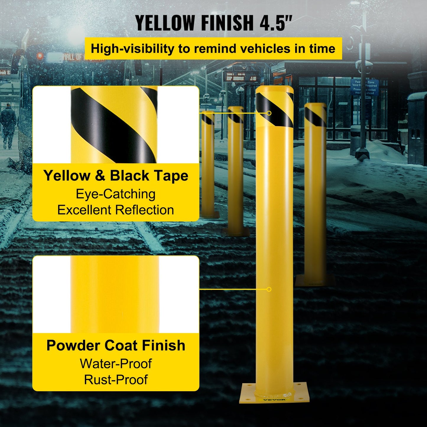 Safety Bollard 42"x4.5" Safety Barrier Bollard 4-1/2" OD 42" Height Yellow Powder Coated Tube Steel Safety Barrier with 4 Free Anchor Bolts for Traffic Sensitive Area