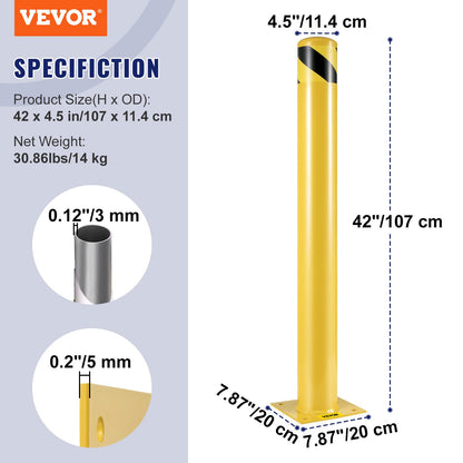 Security bollard, 42 inch height bollard, 4.5 inch diameter steel pipe bollard, yellow steel bollard, steel security bollard with 8 anchor bolts, perfect for traffic sensitive area