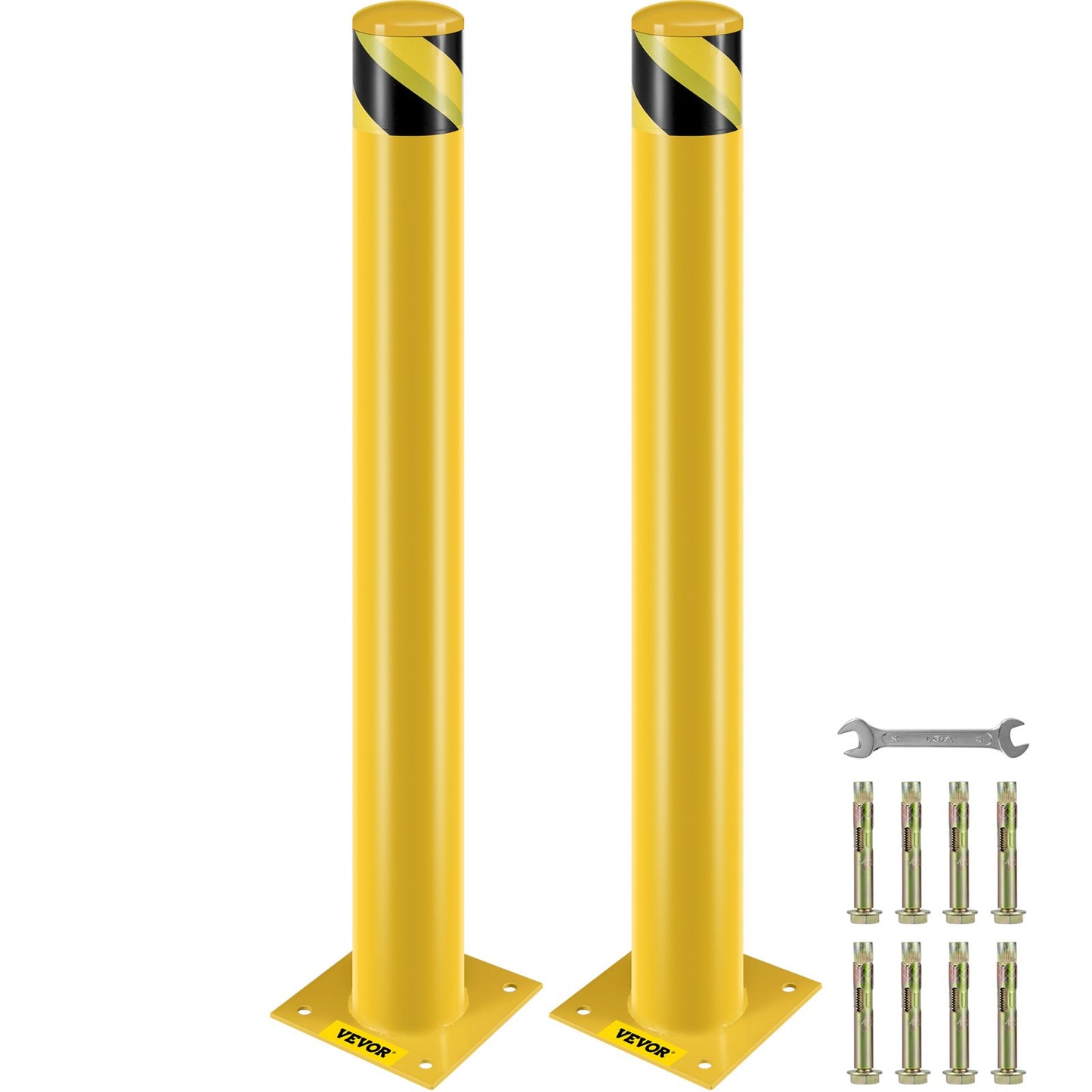 Security bollard, 42 inch height bollard, 4.5 inch diameter steel pipe bollard, yellow steel bollard, steel security bollard with 8 anchor bolts, perfect for traffic sensitive area