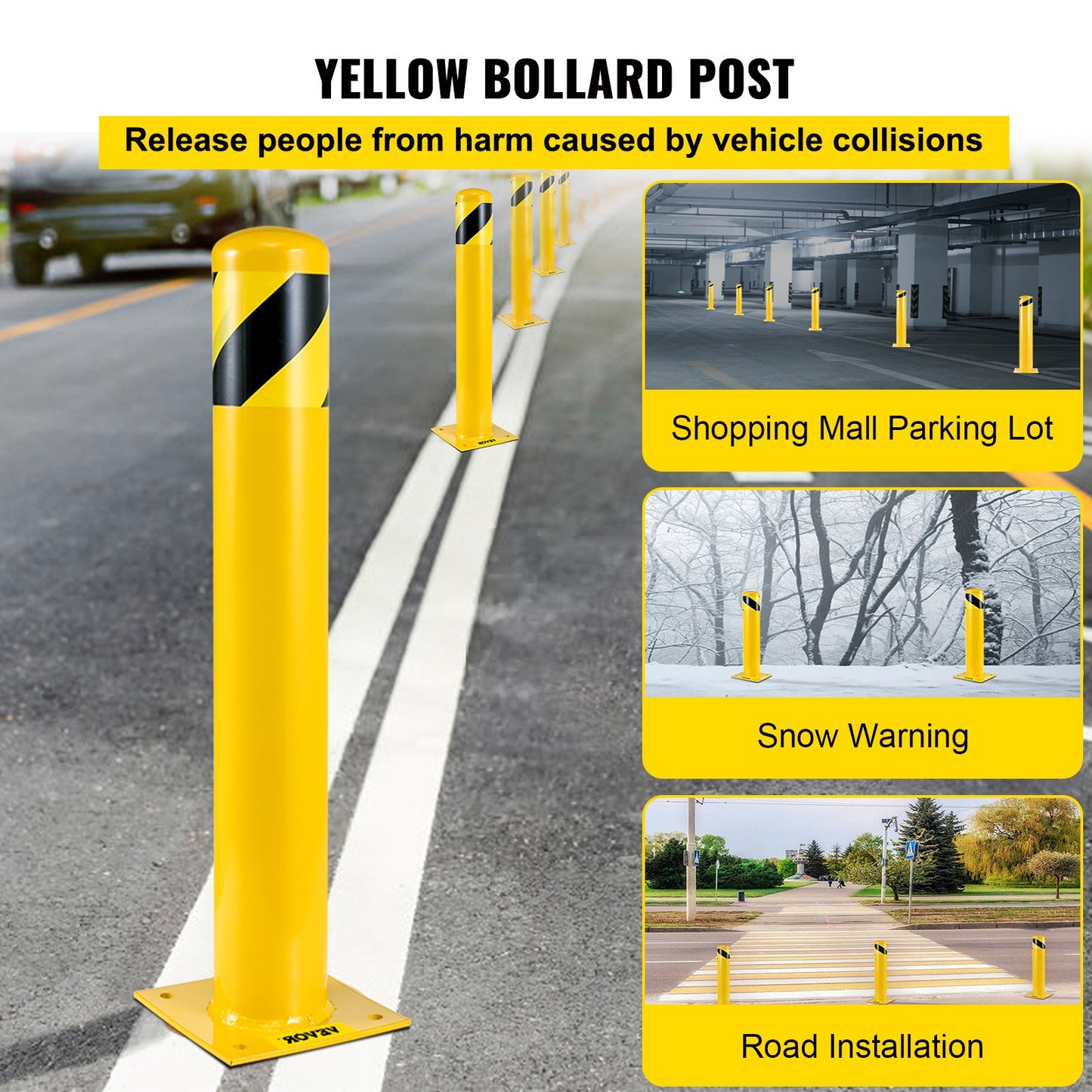 Security Bollard, 42 inch height bollard post, 5.5 inch diameter steel tube bollard, yellow steel bollard, steel security bollard with 8 anchor bolts, perfect for traffic sensitive area