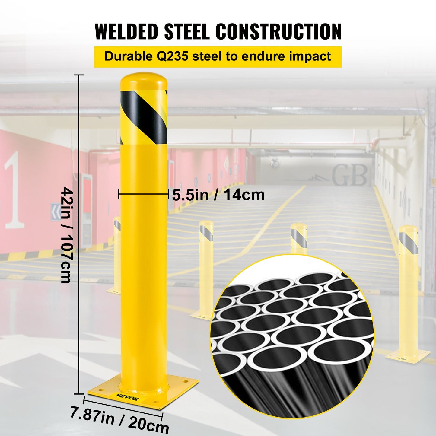 Security Bollard, 42 inch height bollard post, 5.5 inch diameter steel tube bollard, yellow steel bollard, steel security bollard with 8 anchor bolts, perfect for traffic sensitive area