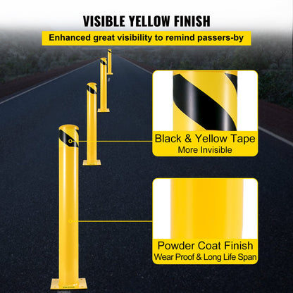 Security Bollard, 42 inch height bollard post, 5.5 inch diameter steel tube bollard, yellow steel bollard, steel security bollard with 8 anchor bolts, perfect for traffic sensitive area