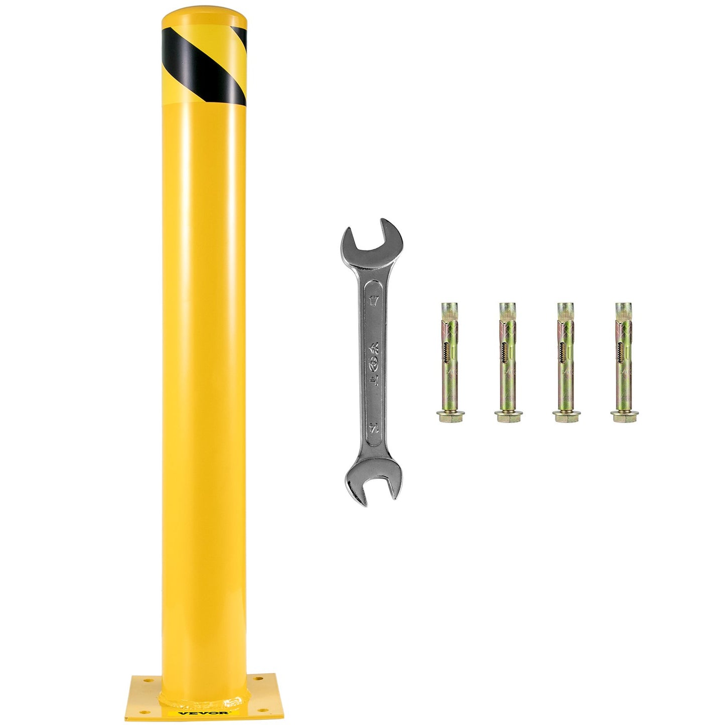 Security Bollard, 42 inch height bollard post, 5.5 inch diameter steel tube bollard, yellow steel bollard, steel security bollard with 8 anchor bolts, perfect for traffic sensitive area