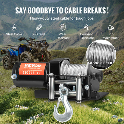 Elektrisk vinsch ATV UTV 2000 lb stålkabel IP 55 vattentät trådad kontroll