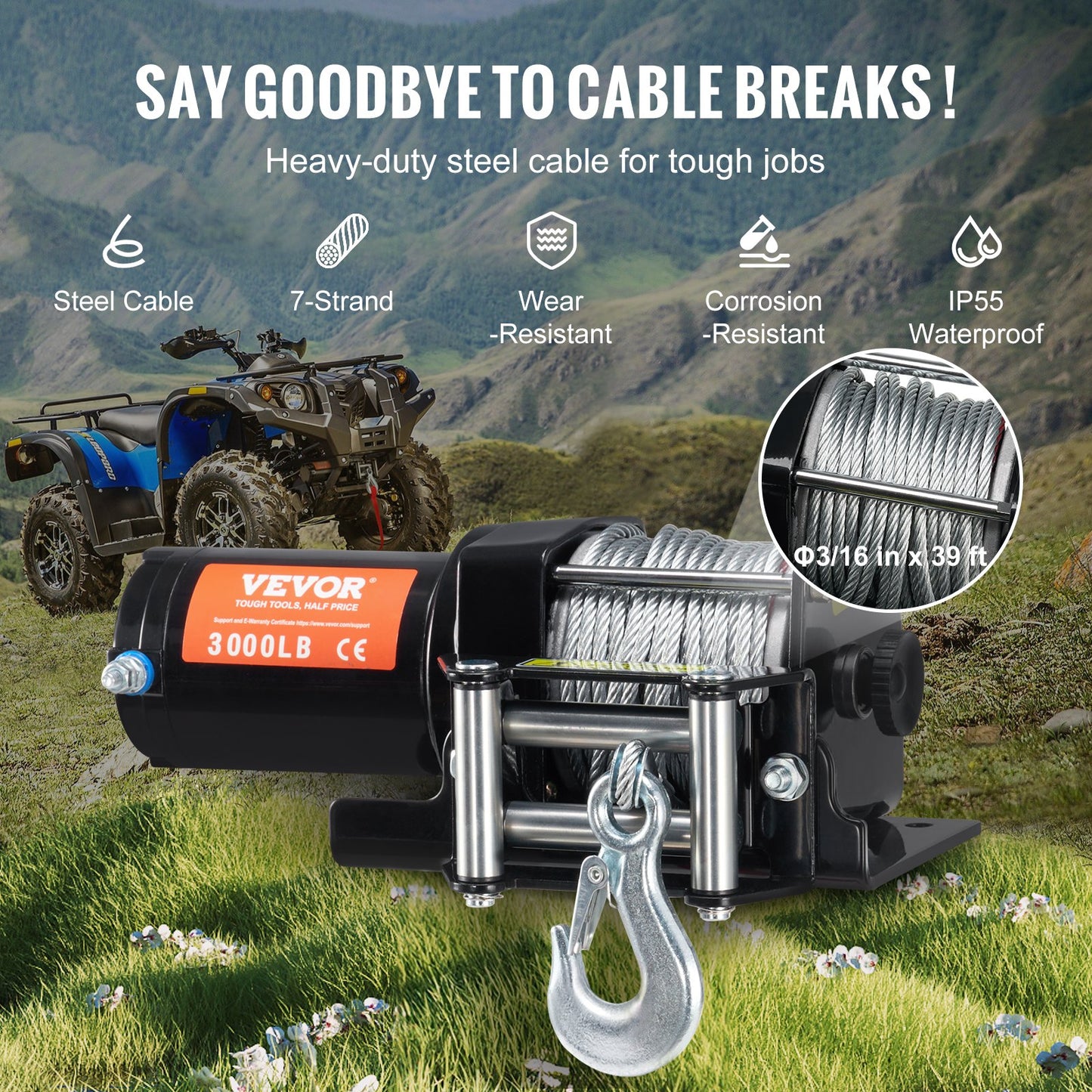 Elektrisk vinsch ATV UTV 3000 lb stålkabel IP55 vattentät trådad kontroll