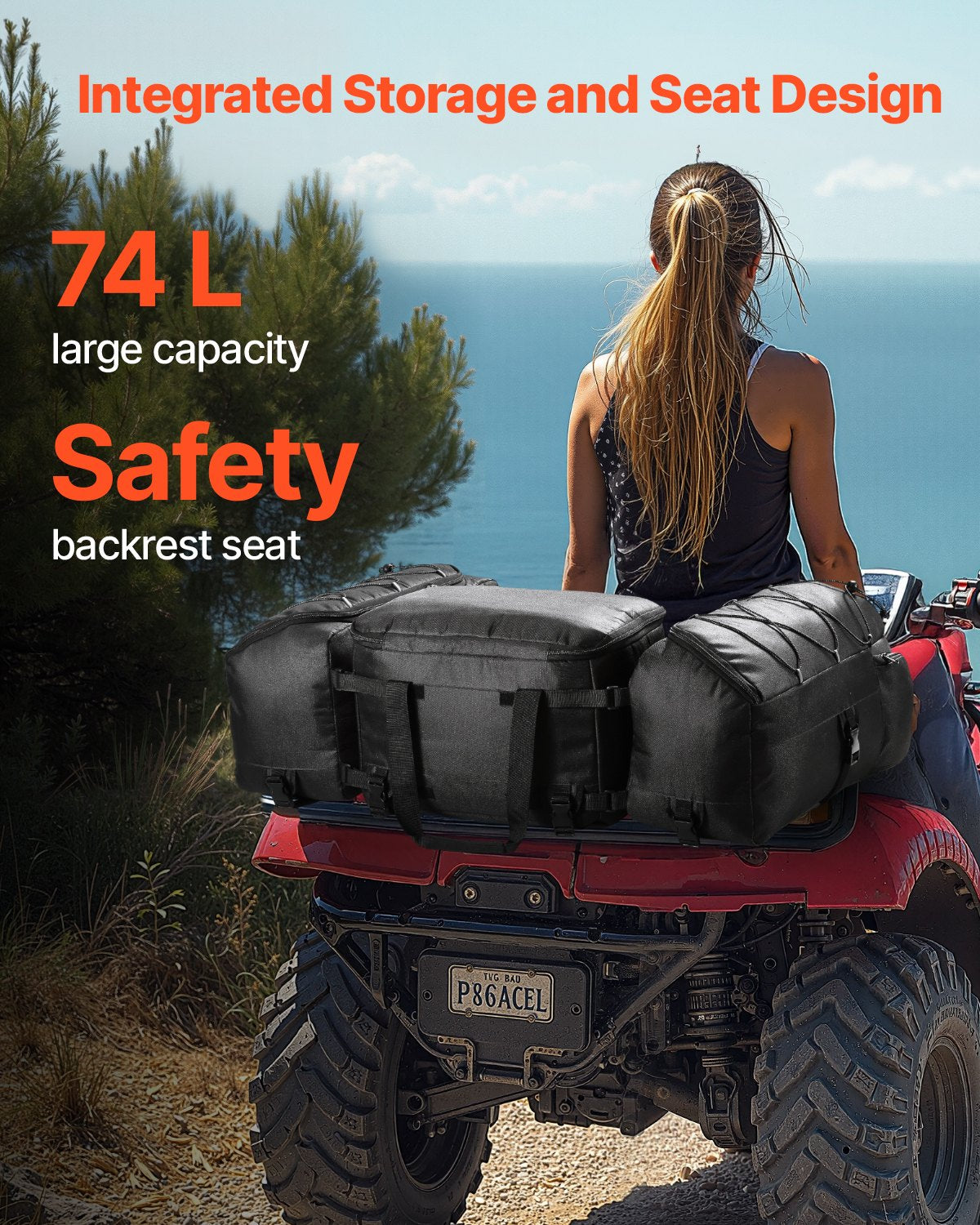 74L ATV Rear Storage Bag 600D Oxford Cloth Rear Cargo Bag &amp; Sponge Pad