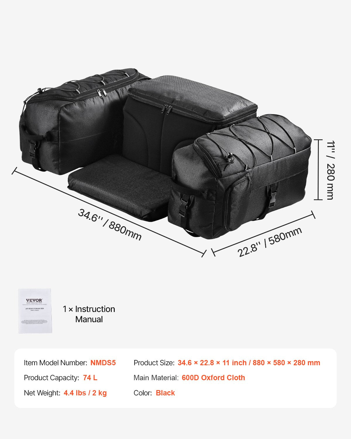 74L ATV Rear Storage Bag 600D Oxford Cloth Rear Cargo Bag &amp; Sponge Pad