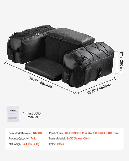 74L ATV Rear Storage Bag 600D Oxford Cloth Rear Cargo Bag &amp; Sponge Pad