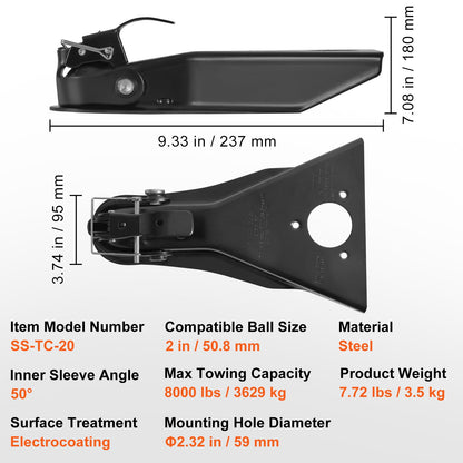 A-Frame Trailer Hitch, Fits 2-inch Ball Size, 8000 lbs Towing Capacity, Heavy Duty Steel Hitch, Ideal for Towing Station Wagons, Pickup Trucks, SUVs, RVs, Black Coating Surface