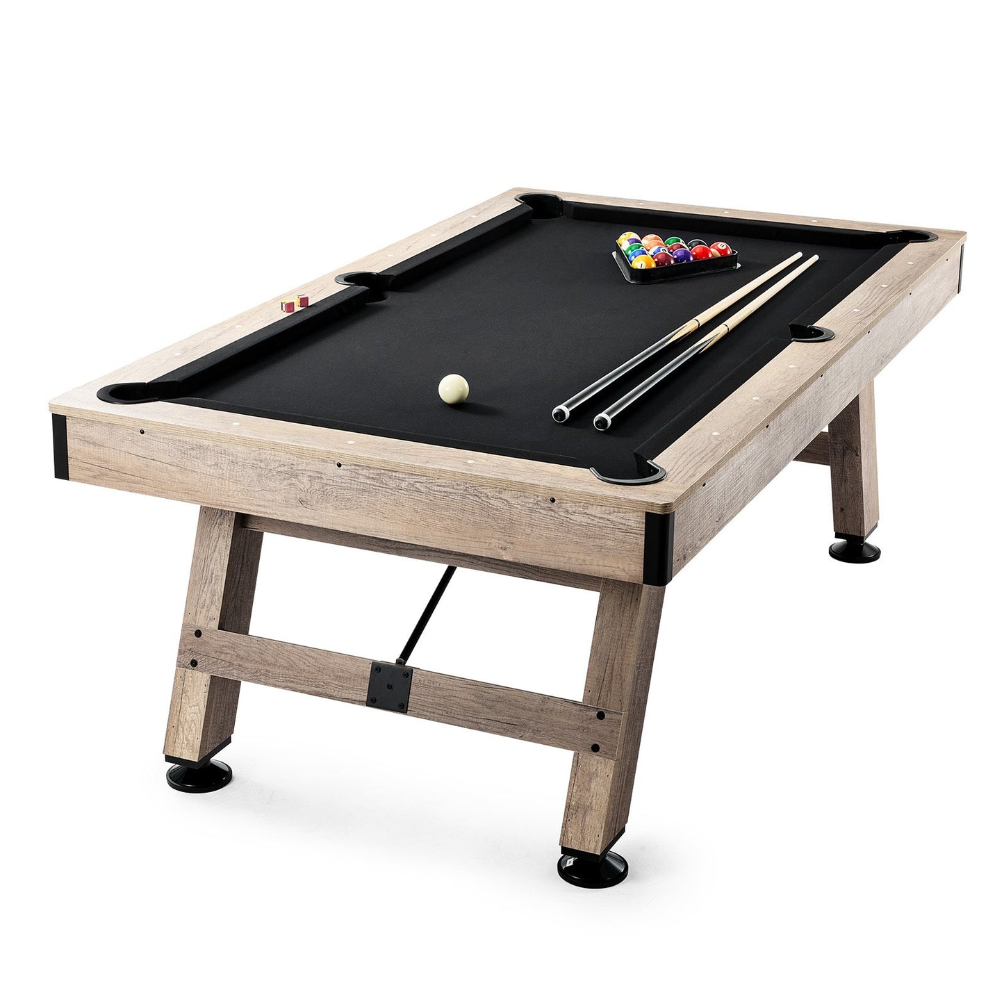 Biljardbord, 7 fot biljardbord, justera ben stabilt biljardbord, biljardbordsset innehåller bollar, kön, krita och borste, träfärg med svart duk, perfekt för familjespelrum barn vuxna