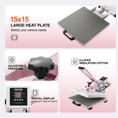 Heat Press Machine 15x15 i Slide Out Heat Transfer Machine T-Shirts Rosa