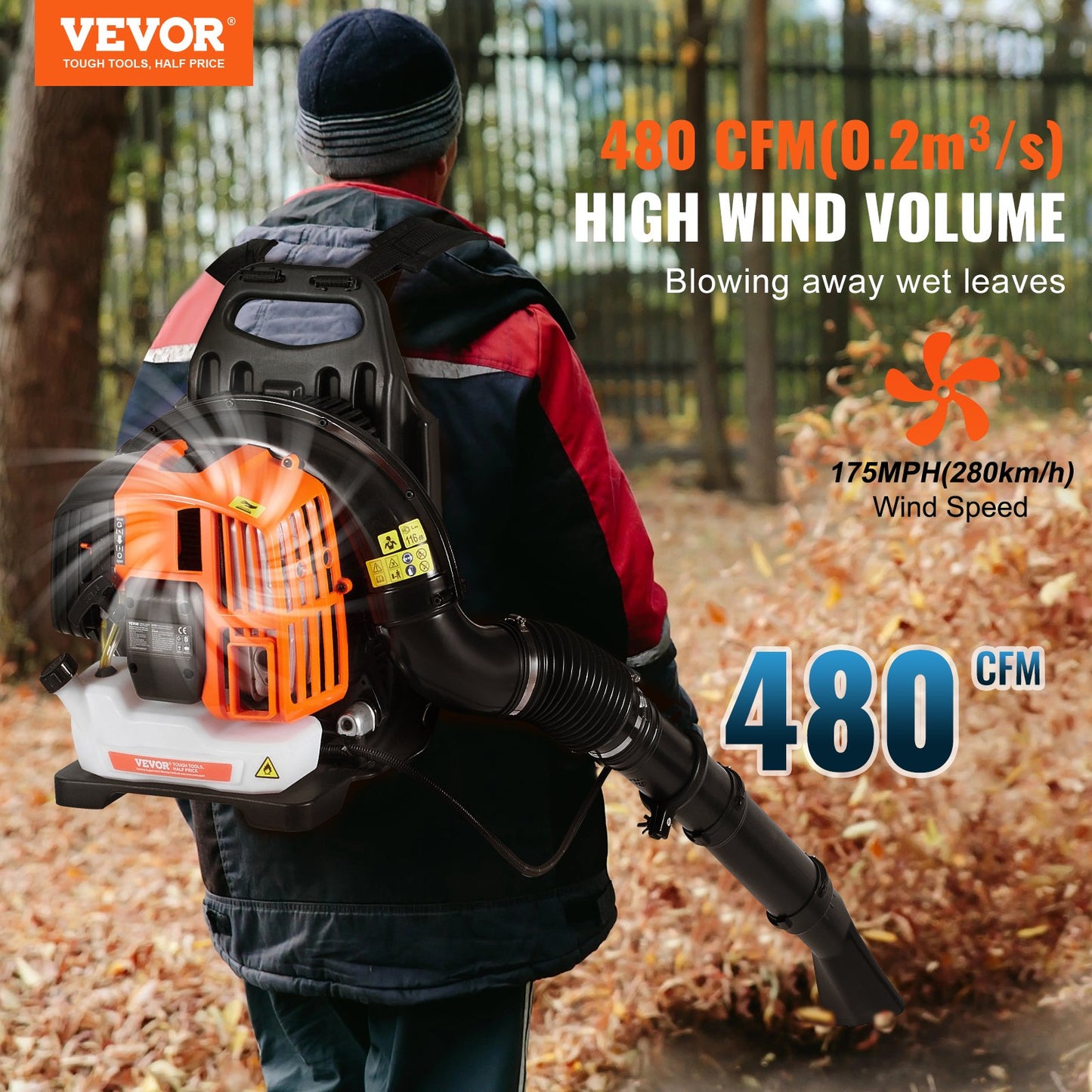 Backpack Leaf Blower 52CC 2-Stroke Gas Leaf Blower 480CFM Air Volume 175 MPH