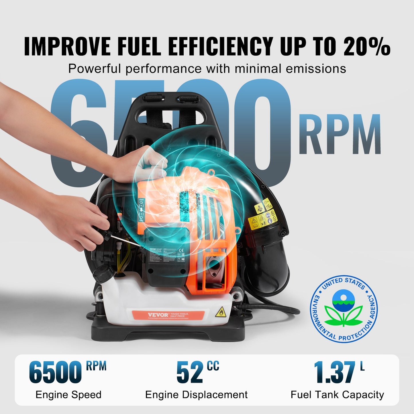 Backpack Leaf Blower 52CC 2-Stroke Gas Leaf Blower 480CFM Air Volume 175 MPH