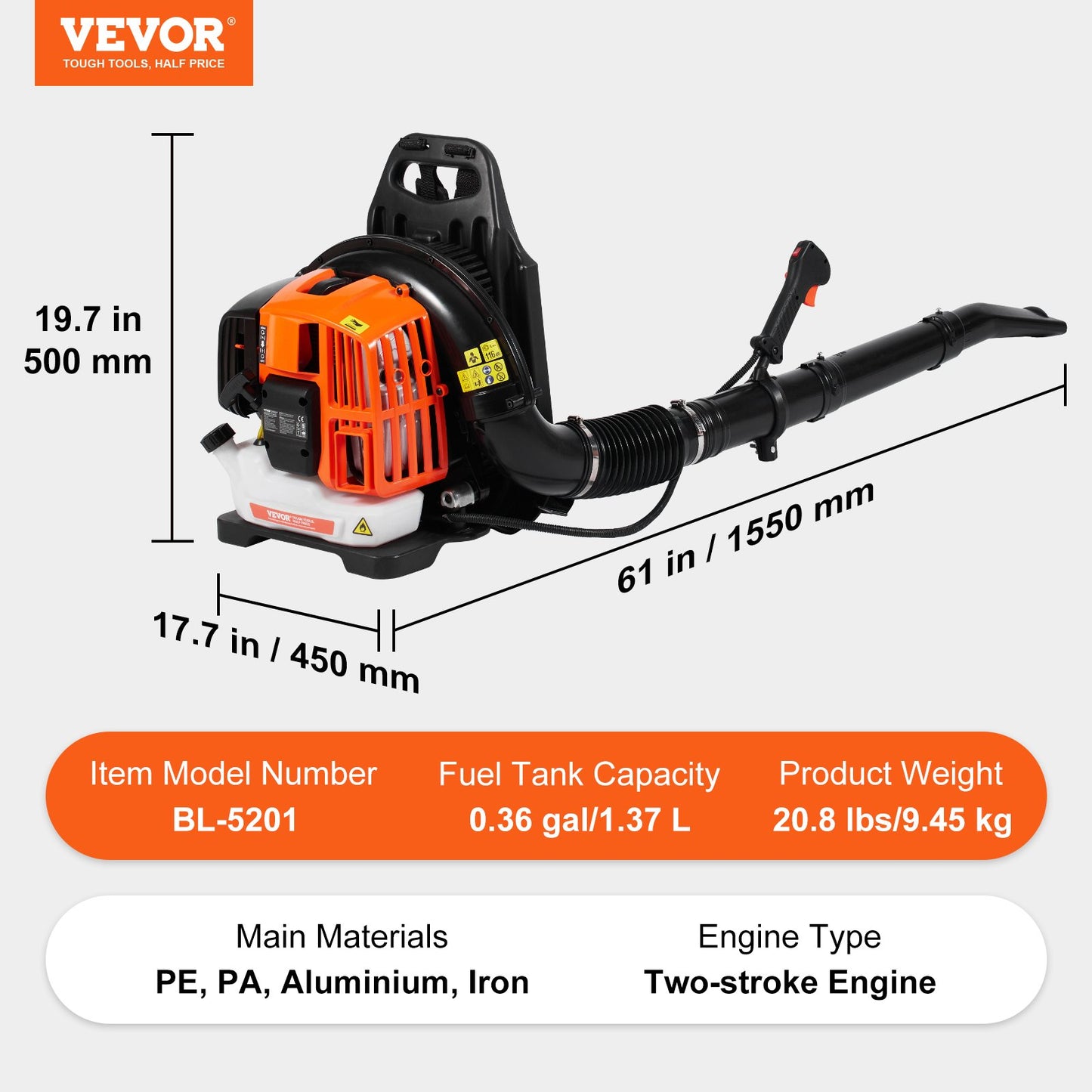 Backpack Leaf Blower 52CC 2-Stroke Gas Leaf Blower 480CFM Air Volume 175 MPH