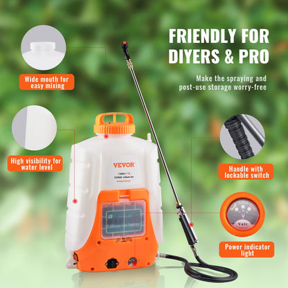 Battery Powered Backpack Sprayer 4 Gal Tank 0-90 PSI Adjustable Pressure