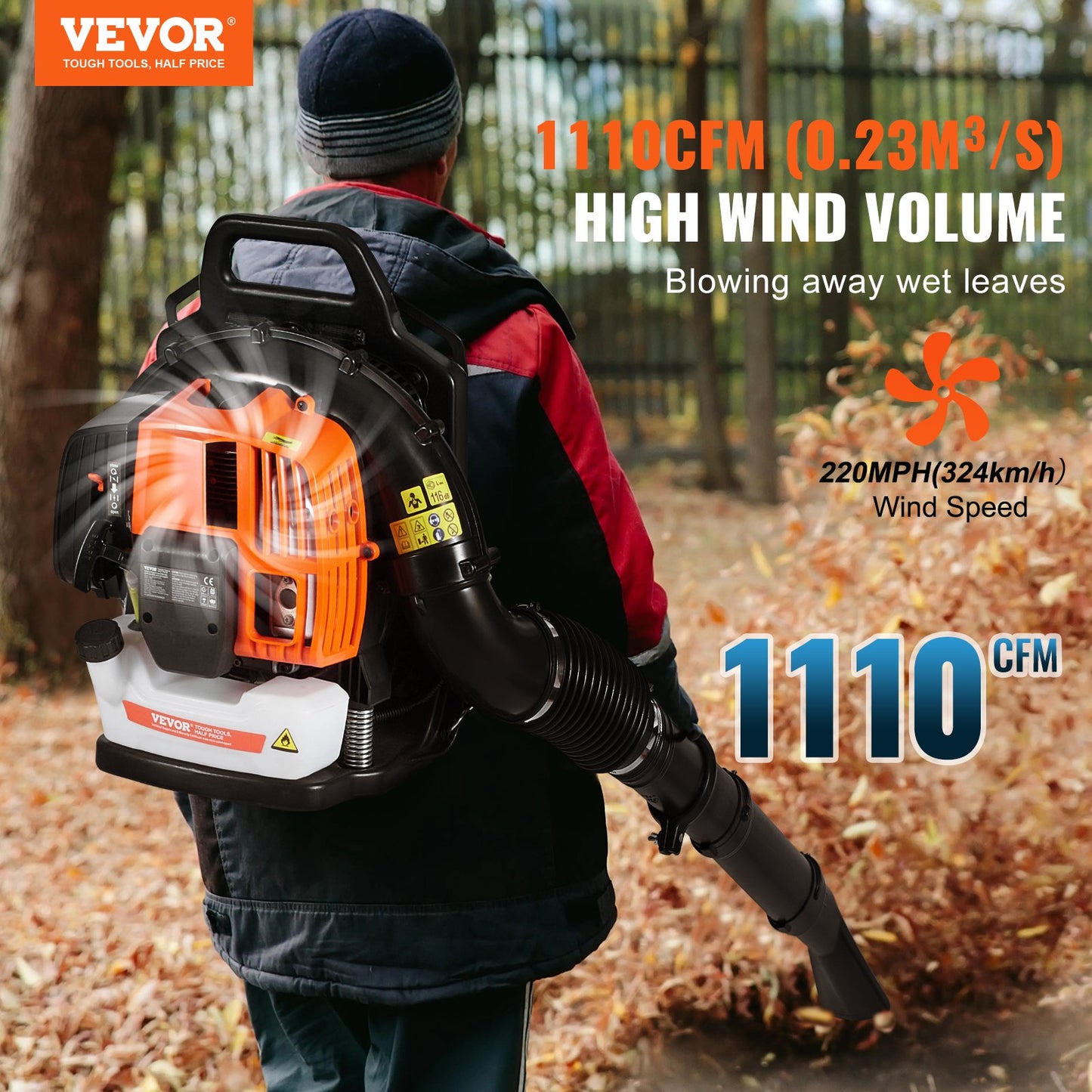Backpack Leaf Blower 62CC 2-Stroke Gas Leaf Blower 1110CFM Air Volume