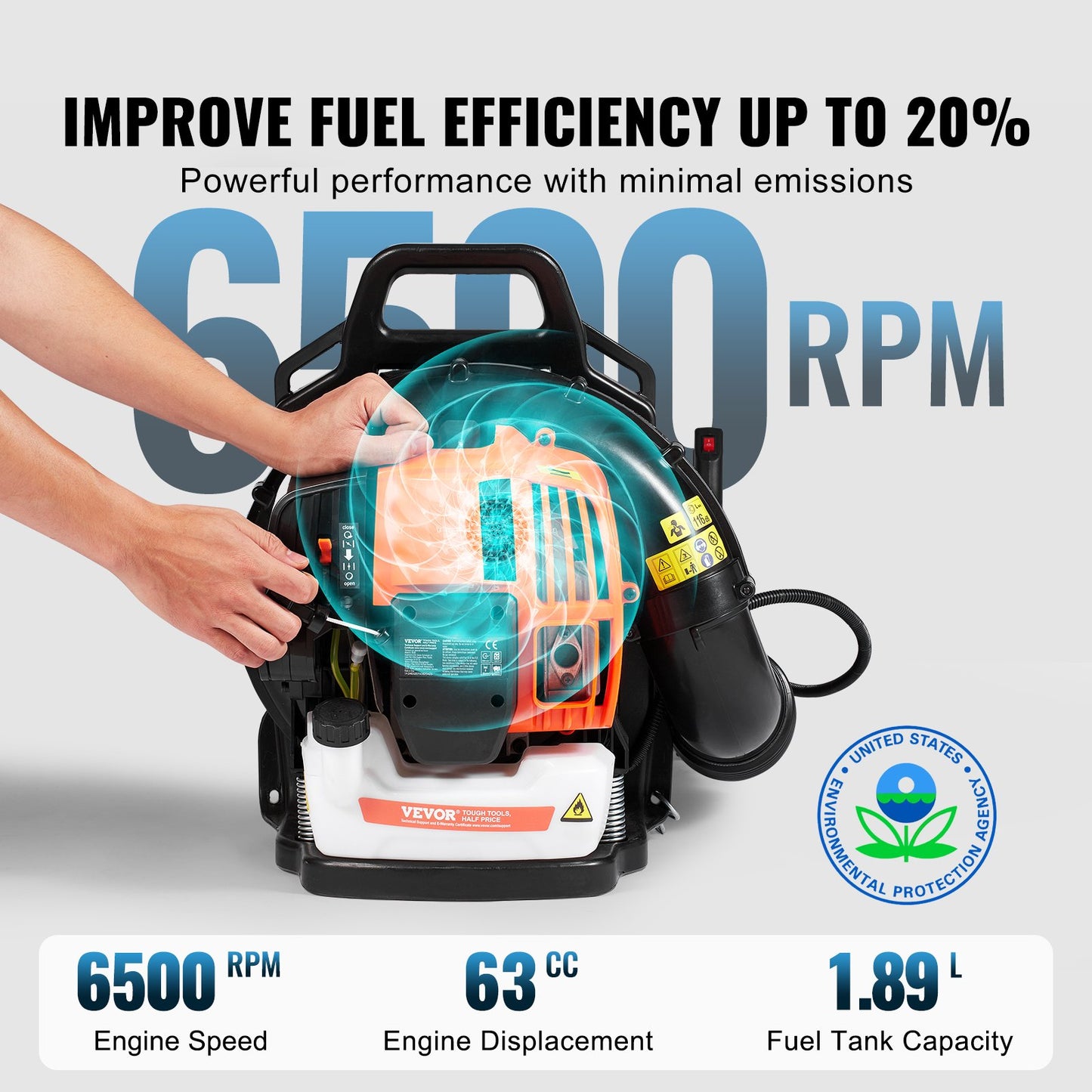 Backpack Leaf Blower 62CC 2-Stroke Gas Leaf Blower 1110CFM Air Volume
