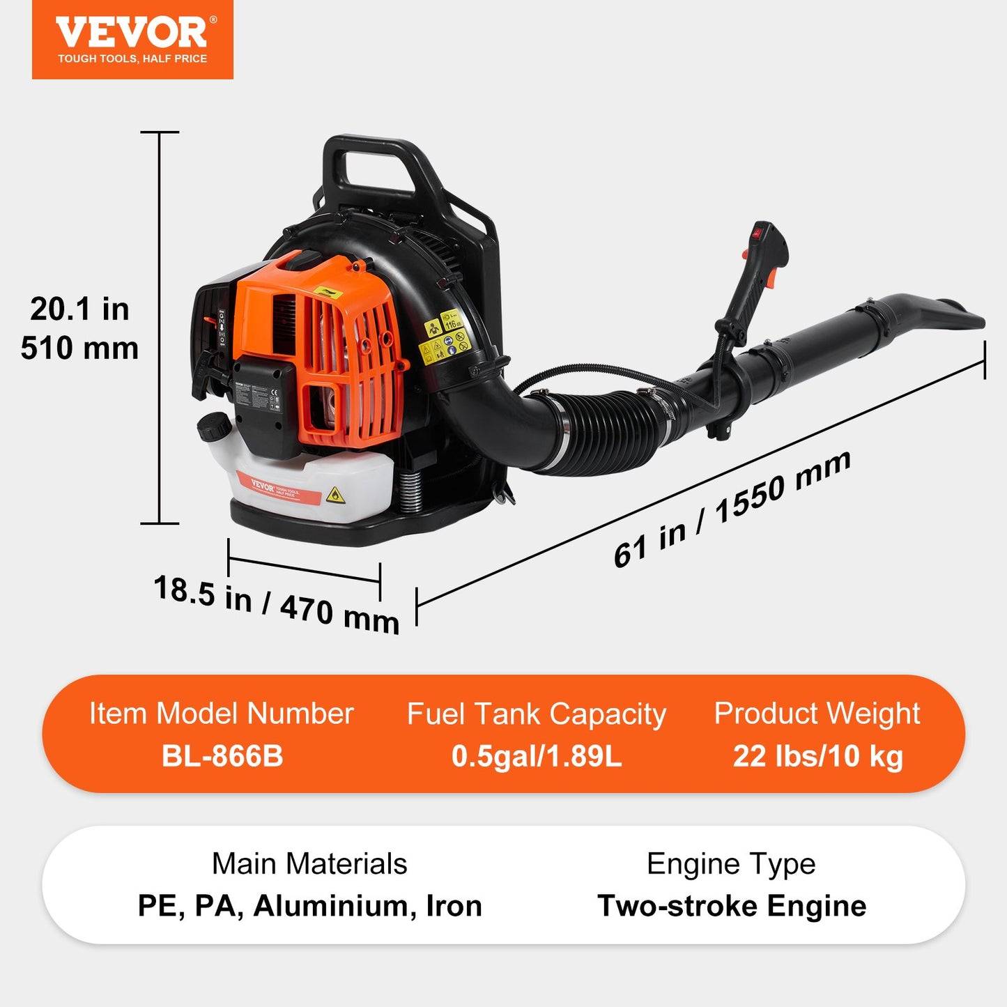 Backpack Leaf Blower 62CC 2-Stroke Gas Leaf Blower 1110CFM Air Volume
