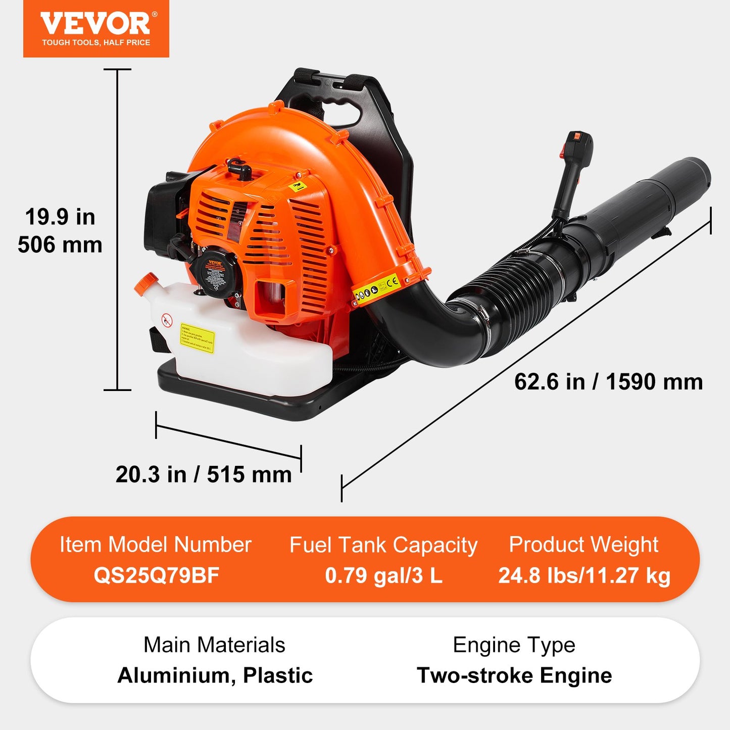 Ryggsäck Lövblåsare 79CC 2-takts Gas Lövblåsare 930CFM Luftvolym 184 MPH
