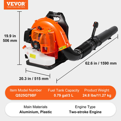 Ryggsäck Lövblåsare 79CC 2-takts Gas Lövblåsare 930CFM Luftvolym 184 MPH