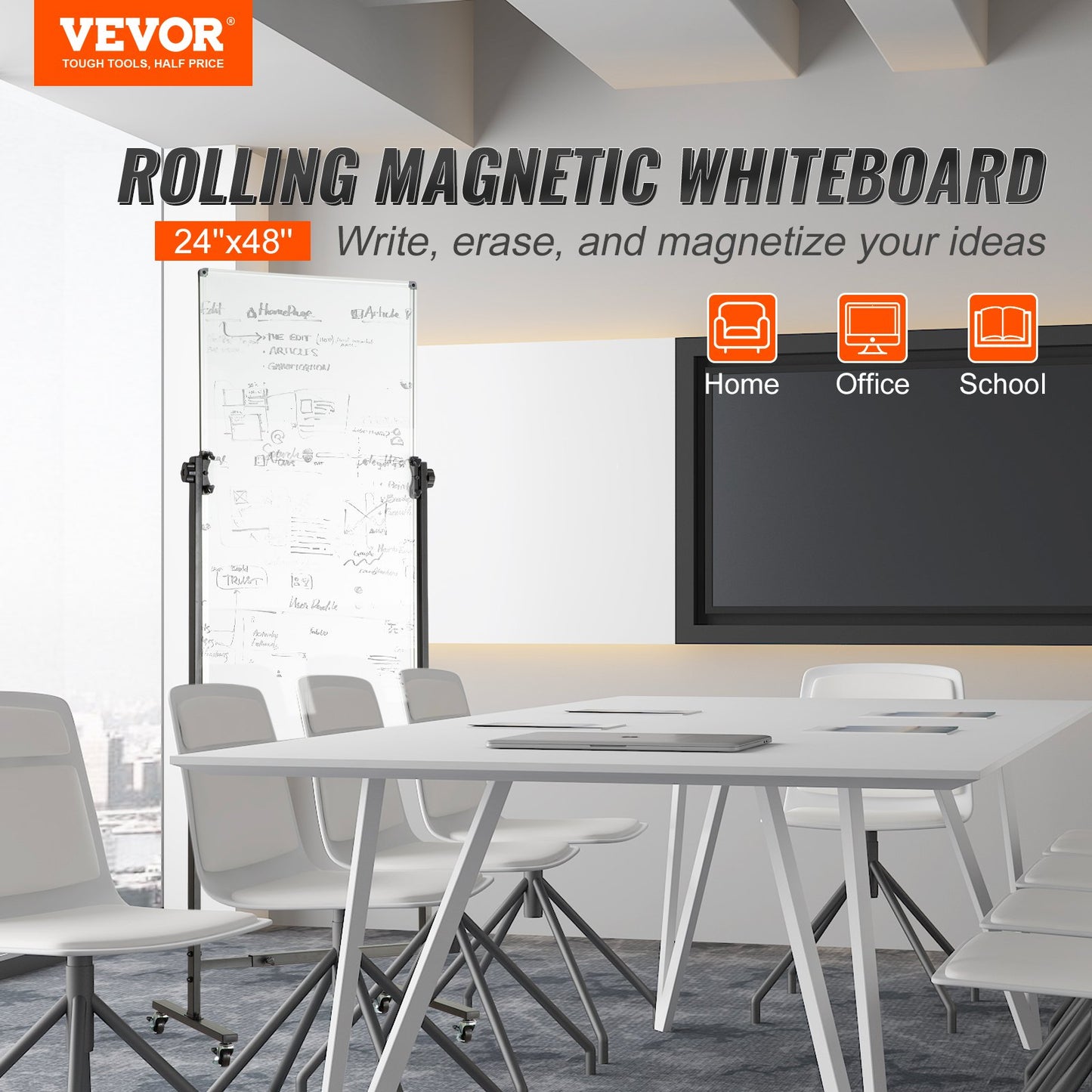 Rolling Magnetic Whiteboard, dubbelsidig mobil whiteboardtavla 24x48 tum, justerbar höjd torrraderingstavla med hjul, 1 magnetradering & 3 torrraderingsmarkörer och flyttbar bricka för kontorsskola
