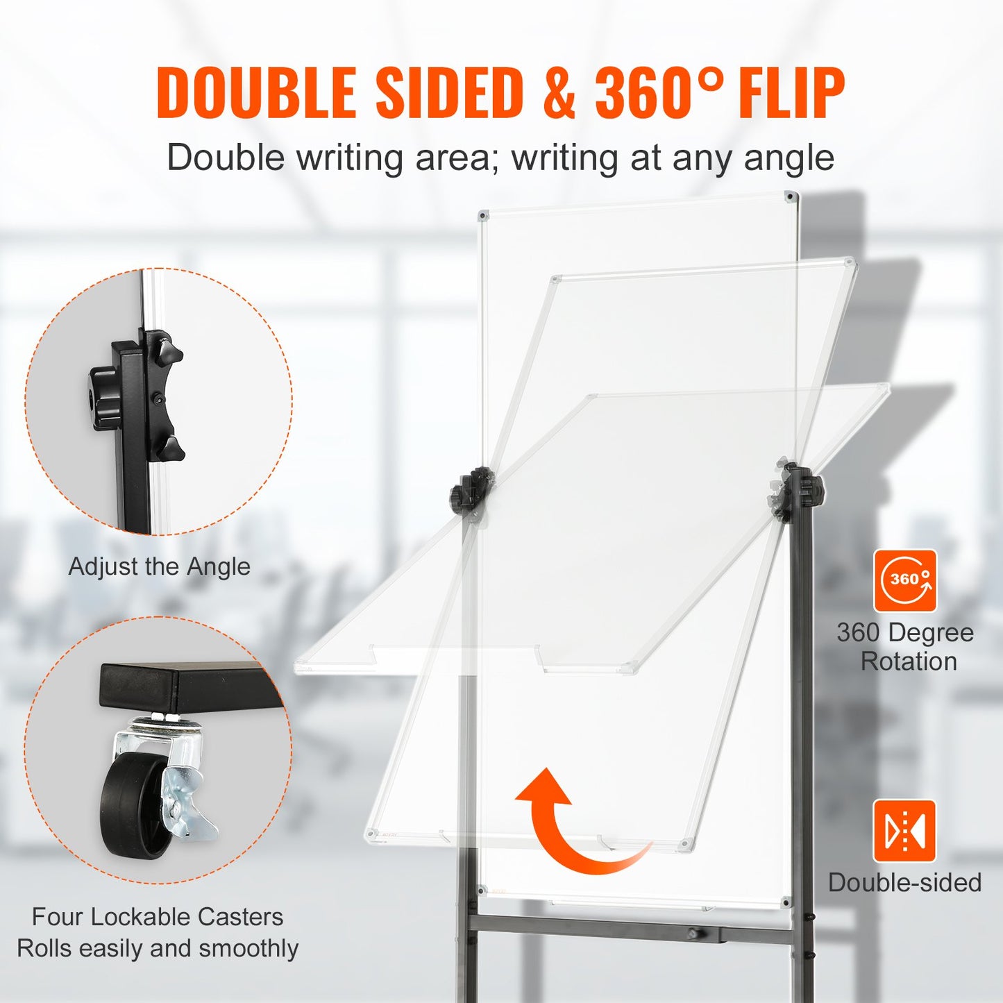 Rolling Magnetic Whiteboard, dubbelsidig mobil whiteboardtavla 24x48 tum, justerbar höjd torrraderingstavla med hjul, 1 magnetradering & 3 torrraderingsmarkörer och flyttbar bricka för kontorsskola