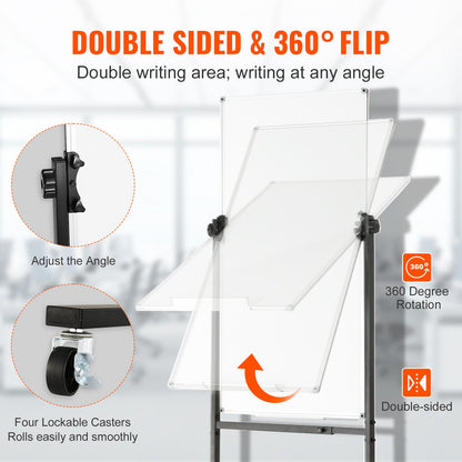 Rolling Magnetic Whiteboard, dubbelsidig mobil whiteboardtavla 24x48 tum, justerbar höjd torrraderingstavla med hjul, 1 magnetradering & 3 torrraderingsmarkörer och flyttbar bricka för kontorsskola