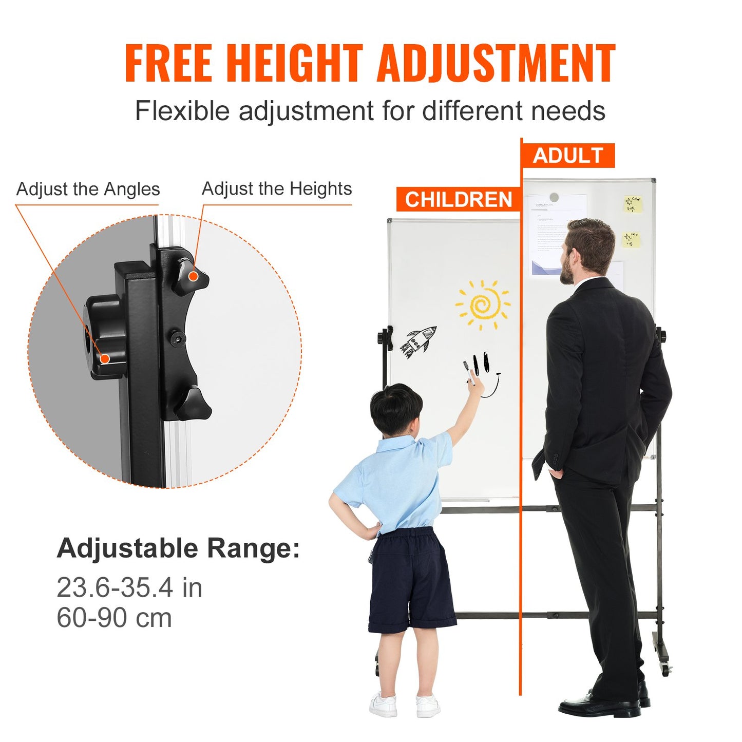 Rolling Magnetic Whiteboard, dubbelsidig mobil whiteboardtavla 24x48 tum, justerbar höjd torrraderingstavla med hjul, 1 magnetradering & 3 torrraderingsmarkörer och flyttbar bricka för kontorsskola
