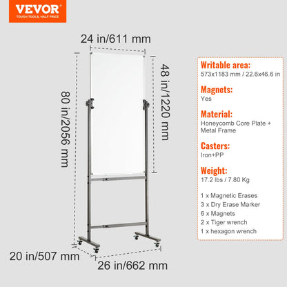 Rolling Magnetic Whiteboard, dubbelsidig mobil whiteboardtavla 24x48 tum, justerbar höjd torrraderingstavla med hjul, 1 magnetradering & 3 torrraderingsmarkörer och flyttbar bricka för kontorsskola